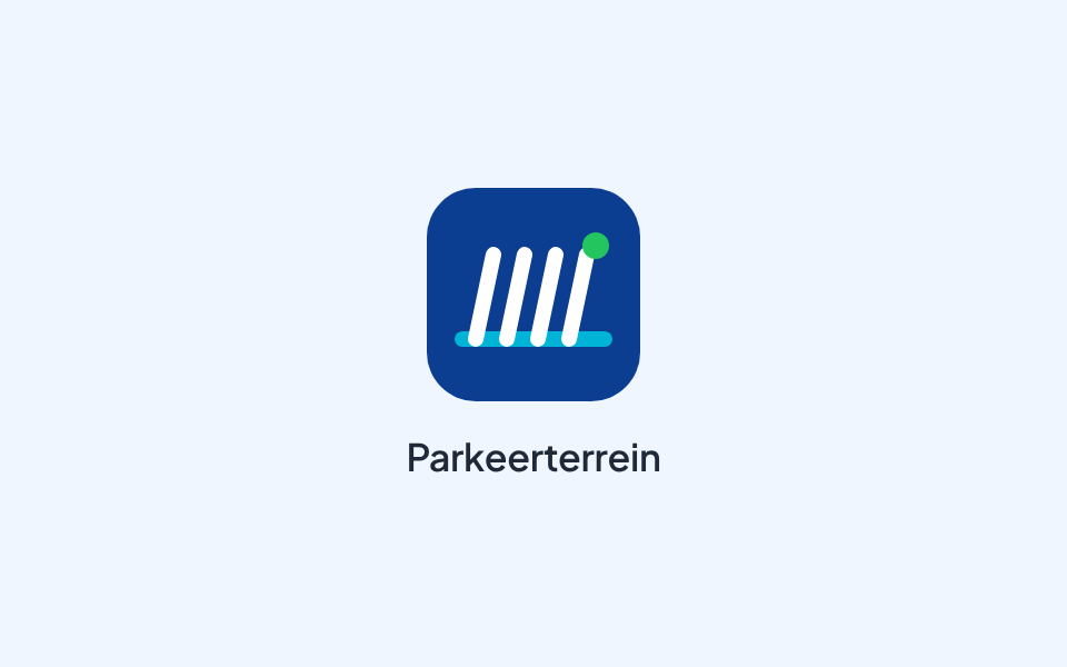 Tijdelijke afbeelding: het icoon van Parkeerterrein, schuine parkeervakken langs een lijn en een groene stip, op een lichtblauw vlak.