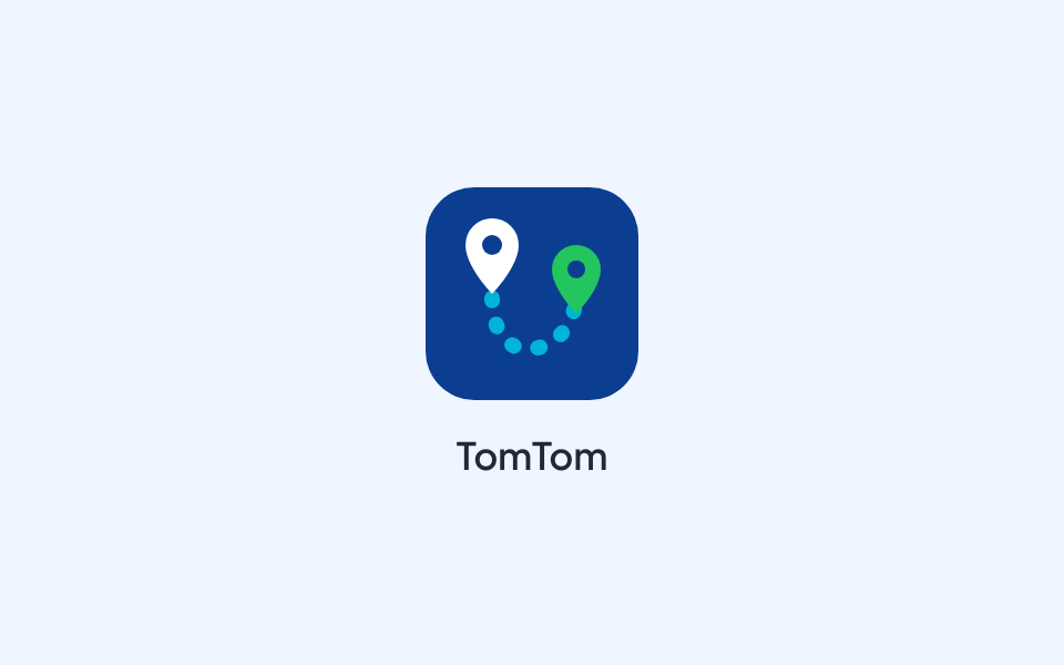 Tijdelijke afbeelding: het icoon van TomTom, twee kaartspelden verbonden door een gestippelde lijn, op een lichtblauw vlak.